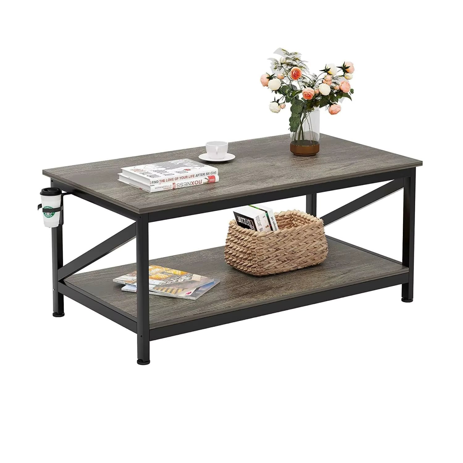 Coffee Table with Storage Shelf,2 Tier Shelves,Black Metal Table Legs, Wooden Tabletop,Modern Simple100 * 55cm