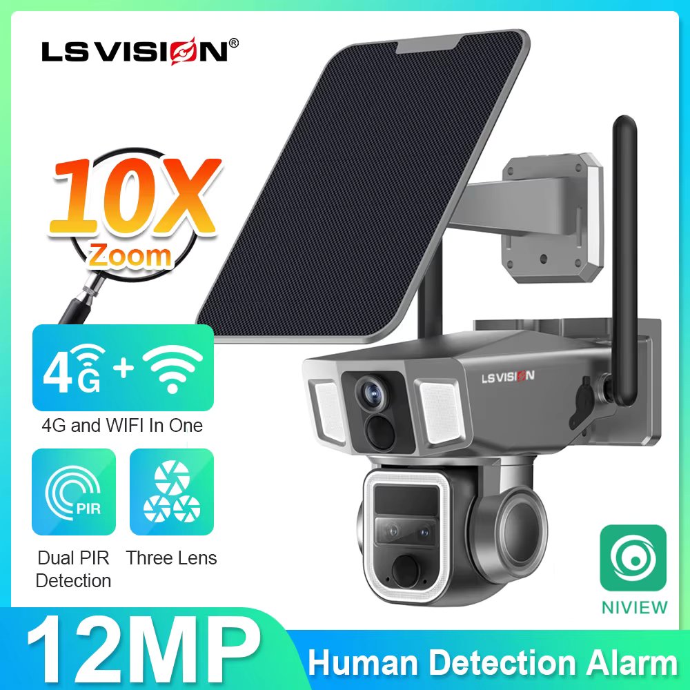 LS VISION  4G & wifi In 1 Solar Security Camera Wireless Outdoor 6K Dual Screen  10x Zoom  Auto Tracking CCTV Surveillance Cam