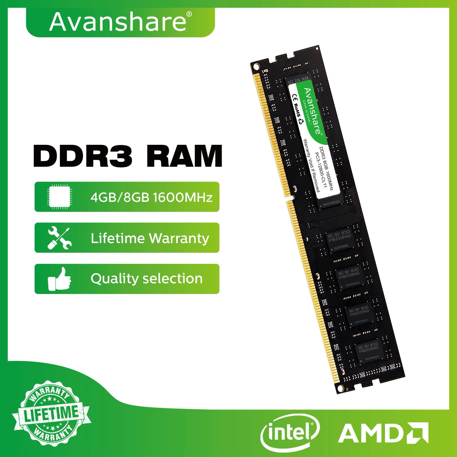 Avanshare Desktop Ram Memory DDR3 DDR4 DDR5 32GB 16GB 8GB 4GB1333 1600 2400 2666 3200 5600MHz For All Motherboards Intel AMD