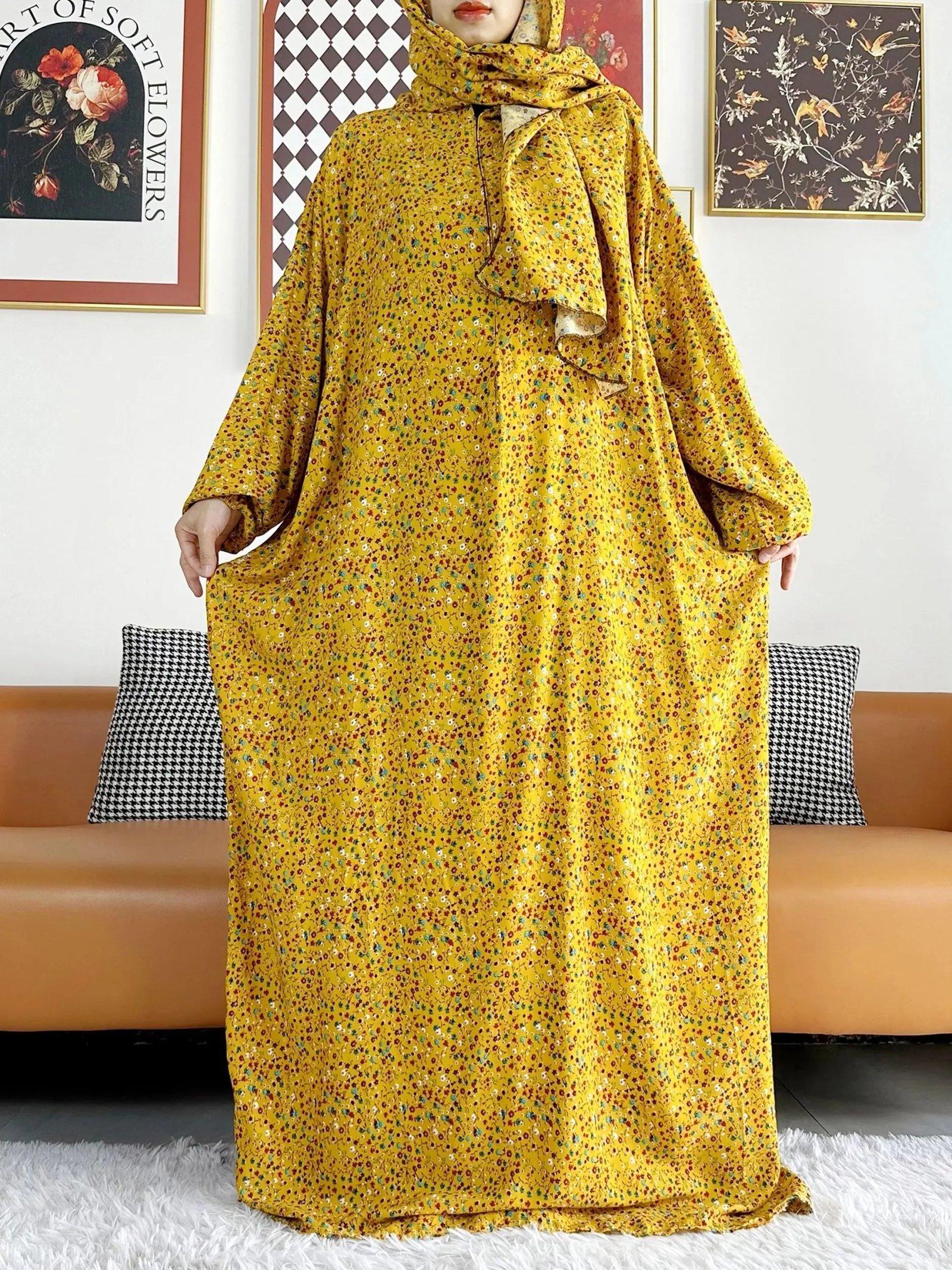 Neswest Muslim Rayon Abayas For Women Ramadan Prayer Dubai Turkey Middle East Femme Robe Floral Loose African Dress Turban Joint
