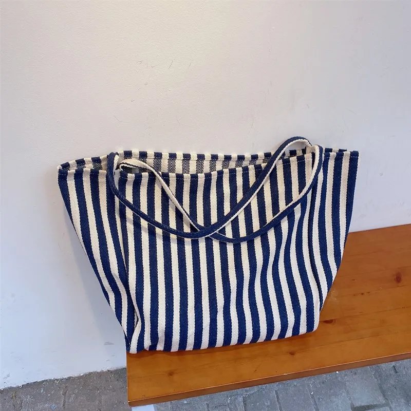 Large Capacity Canvas Women Shopper Tote Simple Striped Shoulder Bag Female Casual Multifunctional Travel Top-handle Handbag