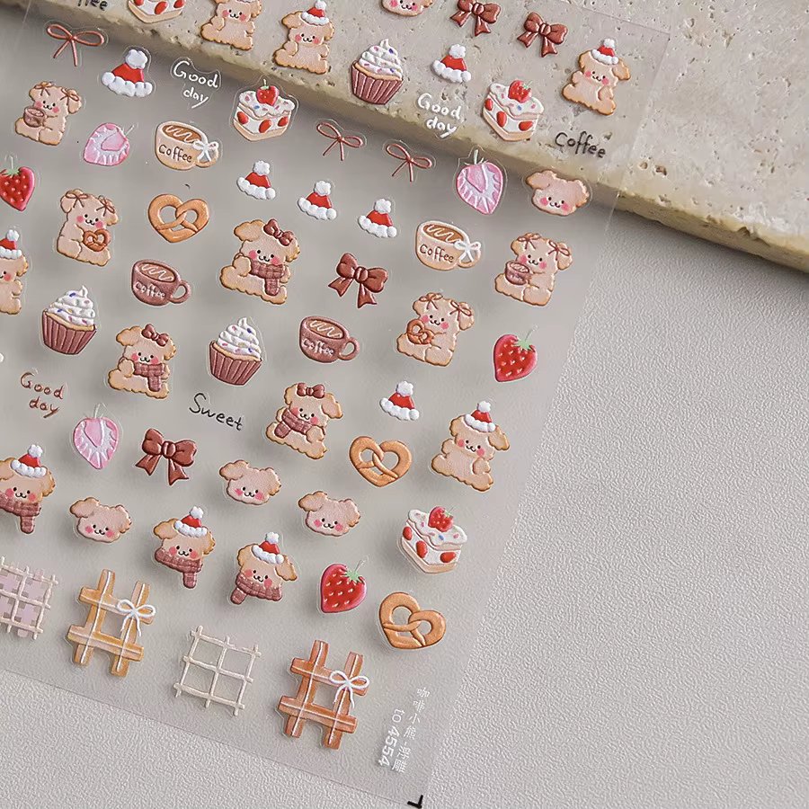 1pcs Coffee Bear Nail Sticker Sweet 5D Embossed Christmas Dessert Self Adhesive Nail Art Sticker Japanese Nails Decoration Parts
