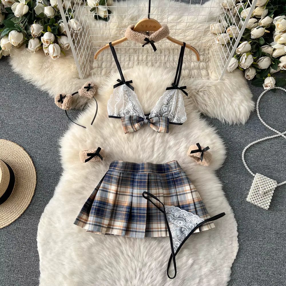 SINGREINY Summer 2023 Sexy Bra & Brief Two Pieces Sets Lace Bow Strap Camis Pleated Short Skirt Bra Suits Women Thin Underwear