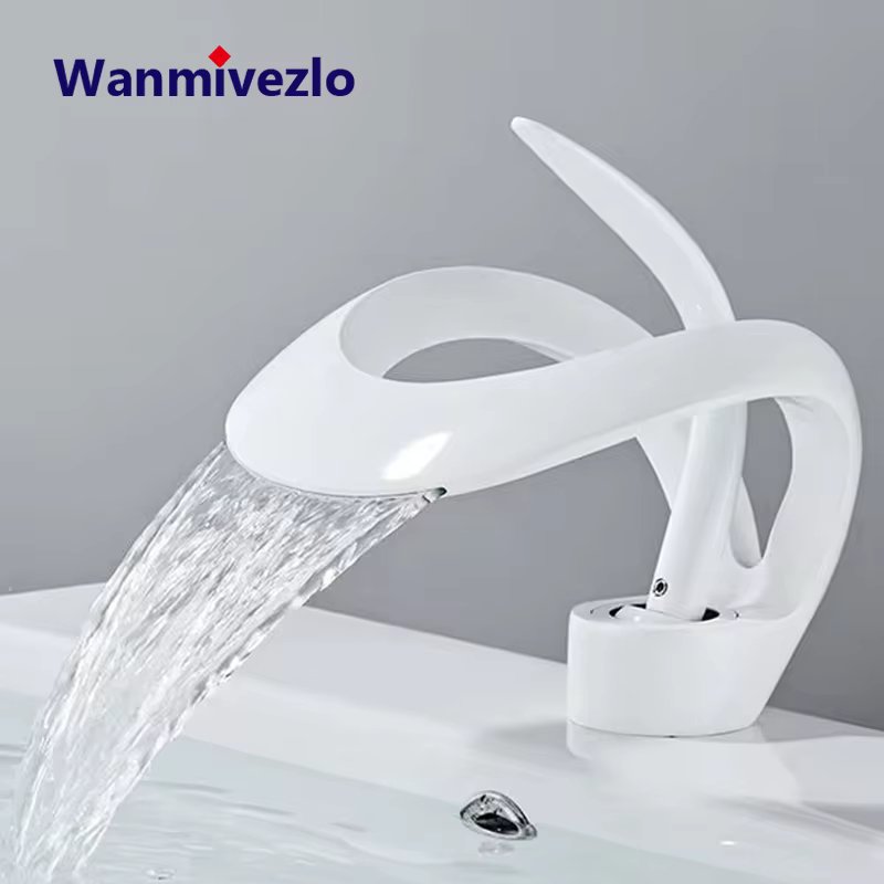 Waterfall Creative Bathroom Basin Faucet Sink Faucet Deck Mounted Hot Cold Water Mixer Crane Brass Body Single Hole Taps Mixers