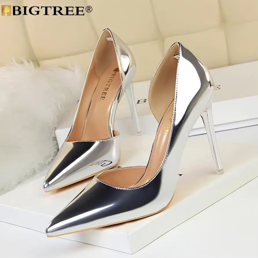 BIGTREE Women Luxury Brand Pumps High Heels Sexy Party Fashion Pointed Toe PU 10CM Thin Heels Concise Dress Women Shoes Black