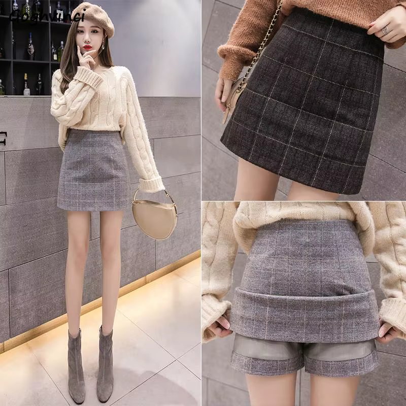 Skirts Women Autumn Woolen Plaid A-line Zipper Chic Korean Style Mini Hip-skirt Stylish Preppy Womens Faldas New Streetwear Ins