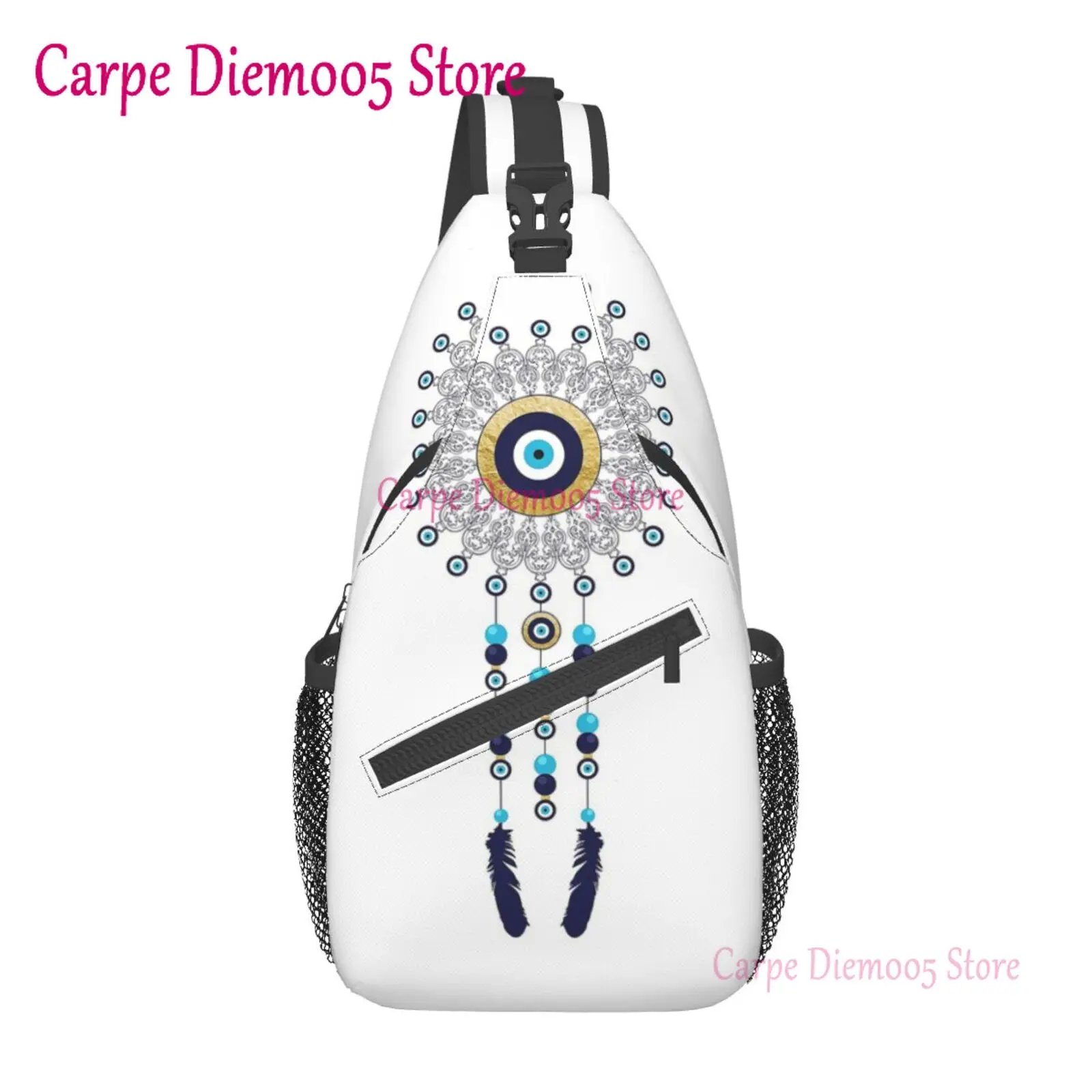 Navy Blue And Aqua Nazar Evil Eye Lucky Charm Sling Crossbody Chest Bag Men Shoulder Backpack for Hiking