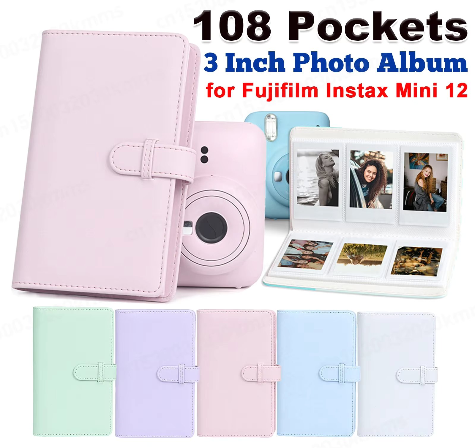 108 Sheets Portable 3 inch Photo Album for Fujifilm Instax Mini 12 for Collection Green Pink Ticket Card Collection Book