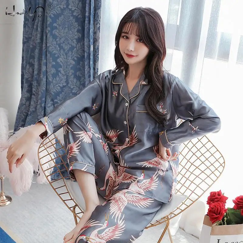 Oversize M-5XL Women Pajamas Set Long Sleeve Tops Trousers Pyjamas 2 Pieces Satin Sleepwear Nightgown Home Clothes Pijama Mujer