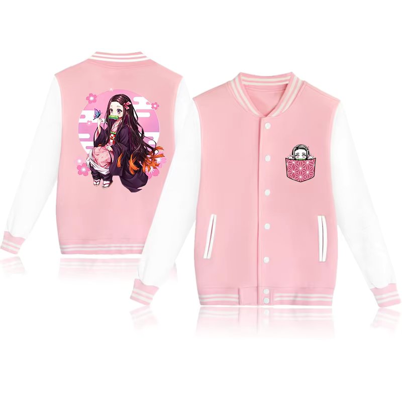 Cute Kamado Nezuko Pattern Baseball Shirt Anime Women's Street Long Sleeve Sweatshirt Kamado Nezuko Jacket Top