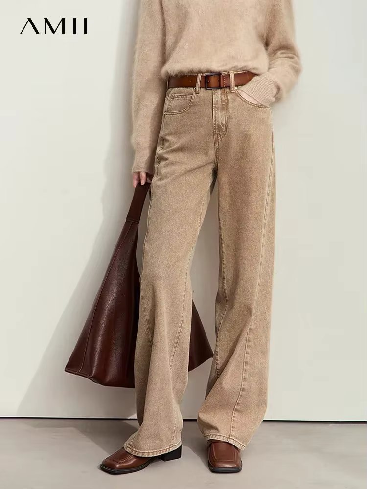 Amii Minimalism Women's Jeans 2024 Autumn New Casual Cotton Denim Pants Retro Trendy Loose Straight Wide-leg Trousers 12443249