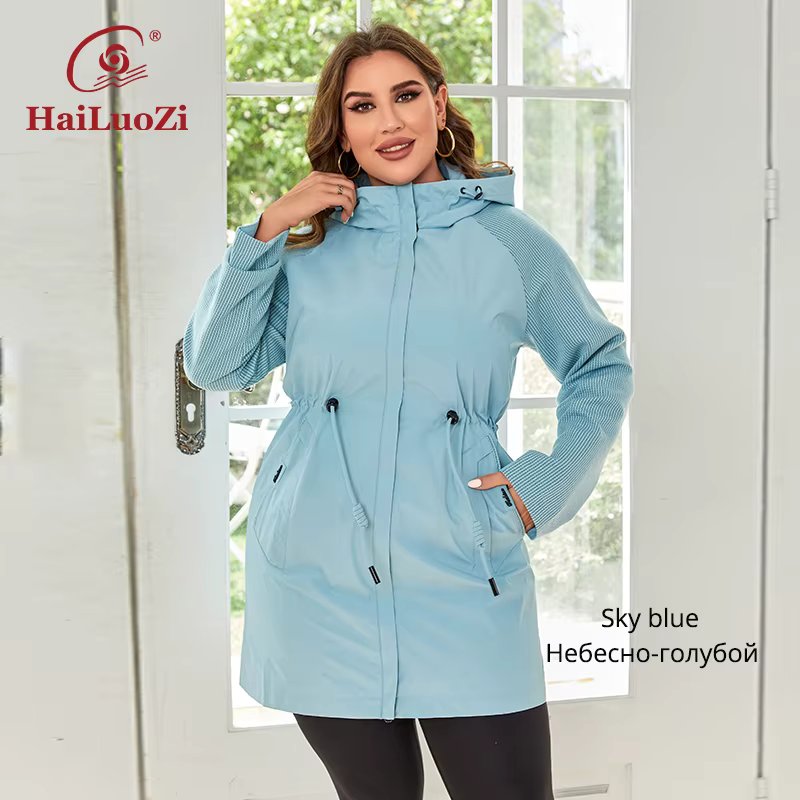 HaiLuoZi 2023 New Autumn Plus Size Women Trench Coat Windproof Mid-Long Female Clothing Hooded Drawstrings  Women's Jacket 730