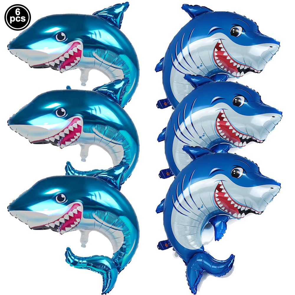 6pcs Shark Balloons Blue Shark Foil Mylar Balloon Sea Shark Birthday Party Ocean Animal Theme Kids Boys Beach Party Decorations