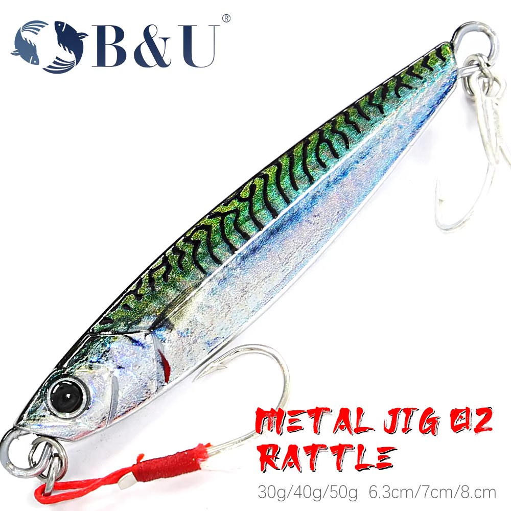 B&U Rattle Jig Sea Fishing Lures Metal Jig 40g 60g 80g Long Casting Lure Spinning Artificial Bait with Hook Spoon Fishing Tackle