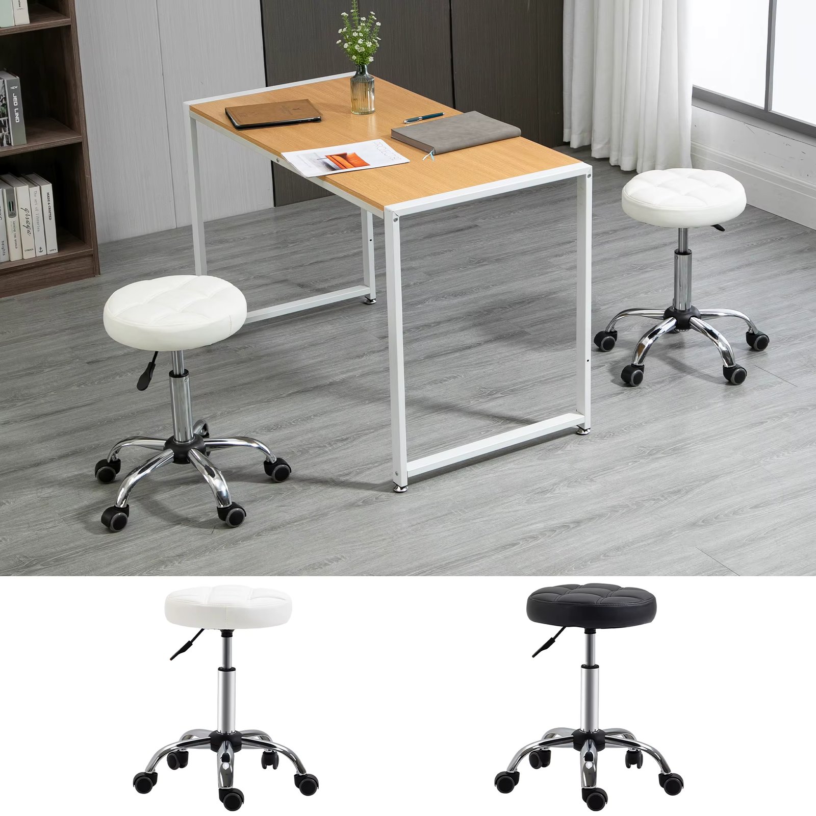 HOMCOM 48-63 cm Height Adjustable Wheel Rotating Stool PU Leather Upholstered Work Stool for Cosmetic Hairdressing Dentist Diameter Ø 35,5 cm Black