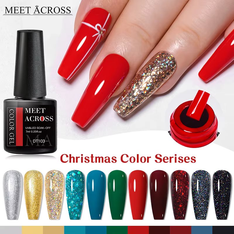 MEET ACROSS 7ml Christmas Color Serises Gel Nail Polish Red Green Semi Permanent UV Gel Varnish Base Top Coat Nail Art Manicure
