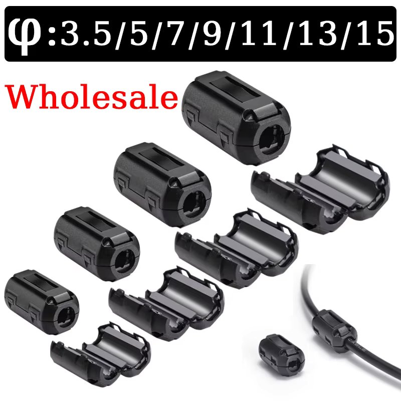 10Pcs 3.5/5/7/9/13/15mm Ring Core Ferrite Bead Clamp Choke Coil EMI RFI Noise Filter Clip Snap Cable for Black Magnetic Snap-on