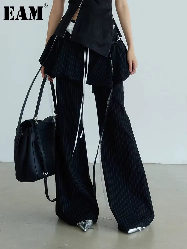 [EAM] High Waist Balck Striped Bandage Shaped Long Wide Leg Pants New Trousers Women Fashion Tide Spring Autumn 2025 1DH7080