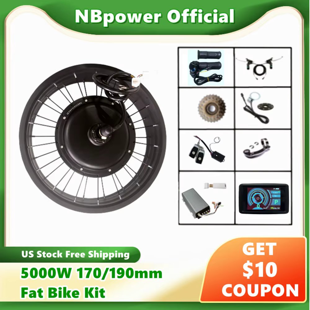 US Stock NBpower 170/190mm Dropout 48-72V 5000W BLDC Hub Motor Fat Ebike Snow Bike Conversion Kit 20/24/26x4.0 Sabvoton UKC1+