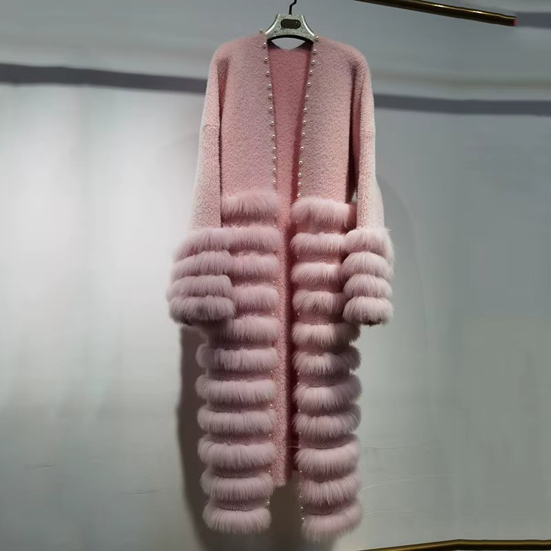 Women Autumn Knitted Long Cardigan Coat With Real Fox Fur Stripe Fashion Loose Long Sleeve Warm Jacket Outwear With Genuine Fur