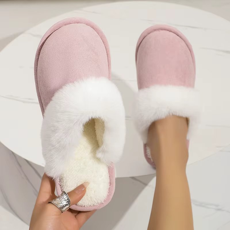 Lucyever Pink Faux Suede Faux Fur Slippers Women Home Warm Non Slip Slides Woman Causal Flat Heels Plush Slipper Shoes Female