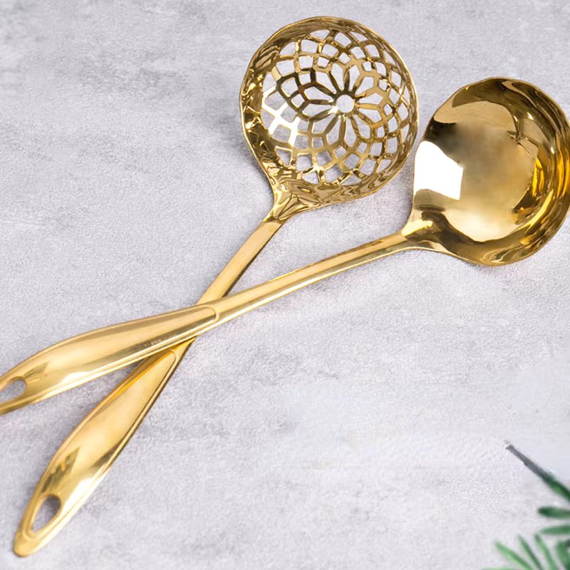 Commercial Long Handle Stainless Steel Soup Spoon, Hot Pot Spoon, Large Golden Soup Spoon, Hot Pot, 2 in 1