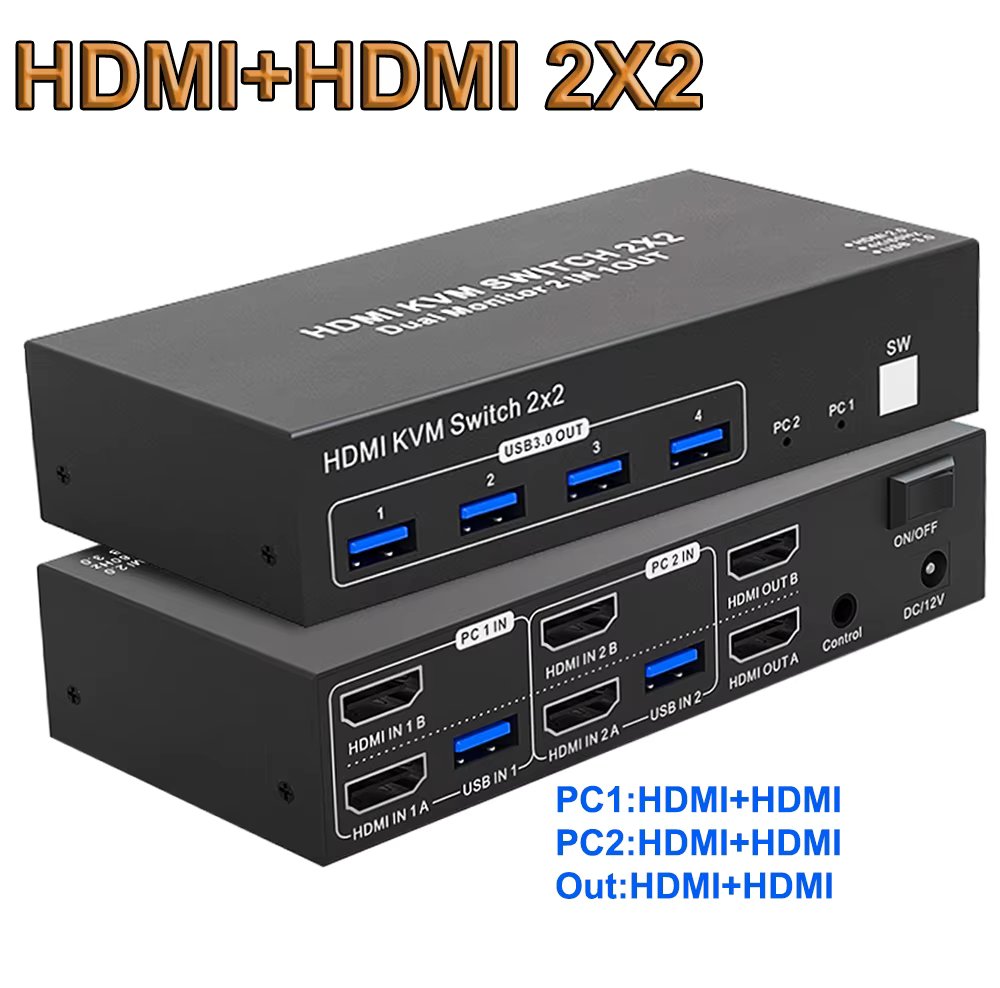2X2 KVM Switch Dual Monitor 4k 60Hz HDMI 2.0 KVM Switch Extended Display HDMI DisplayPort USB 3.0 KVM Switch 2 in 2 out for PC