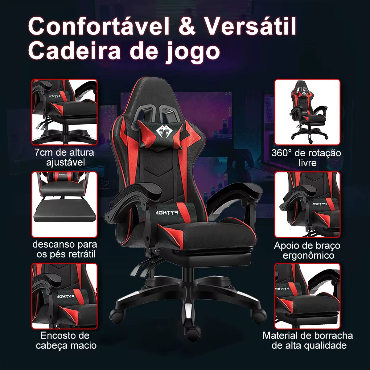 High-end Gaming Chair, Ergonomic, Height Adjustable, Flat, Foot Support (Red)