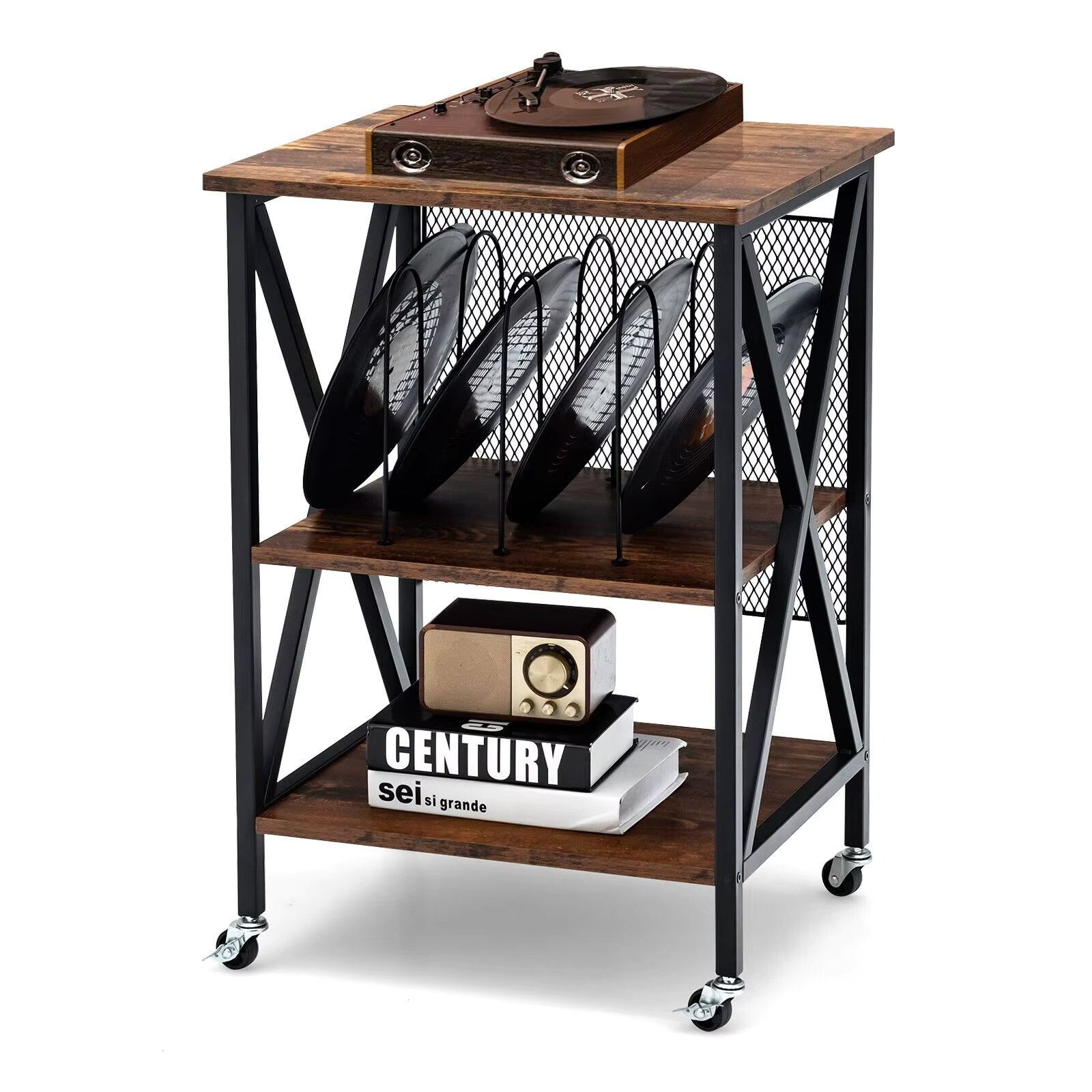 GOFLAME 3-tier Record Player Stand, Vinyl Record Storage Table with 3 M-shaped Dividers, 4 Rolling Wheels, Back Wire Fence