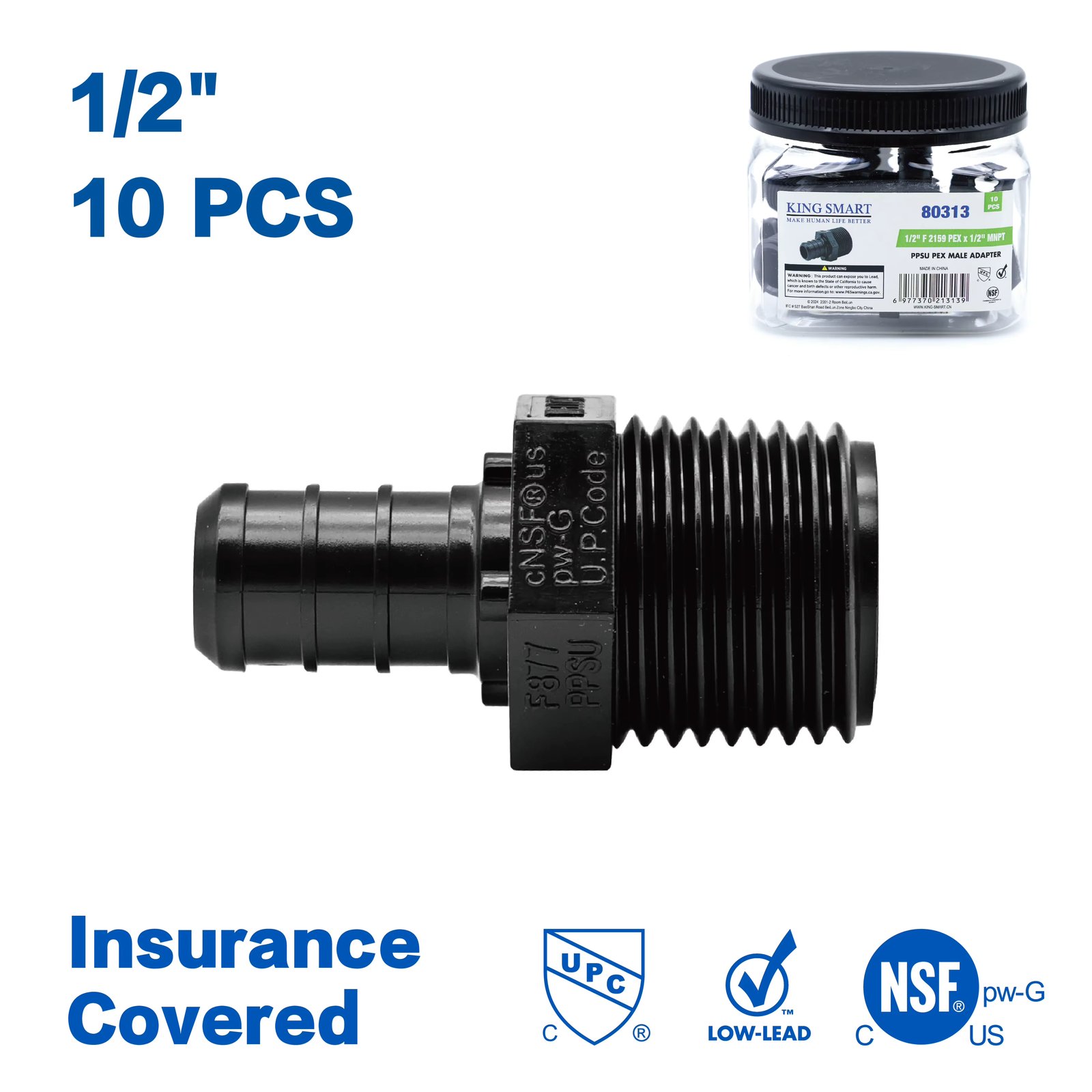 KING SMART Crimp/F2159 PEX 1/2" * 1/2" MNPT PEX Male Adapter; 10Pcs/Case; PPSU; 80313