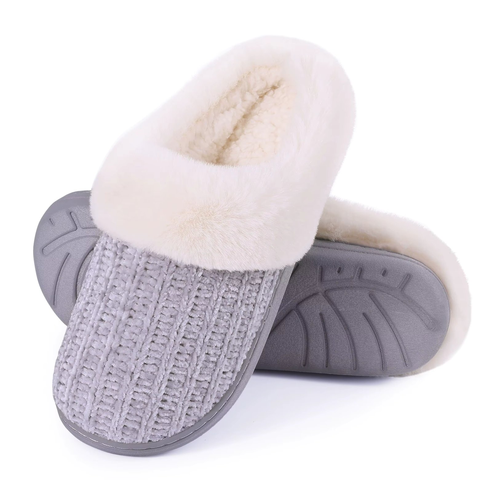 Comwarm Winter Knit Fur Slippers For Women Fleece Lined Plush Slippers With Memory Foam Soft Comfort Warm House Fuzzy Slides