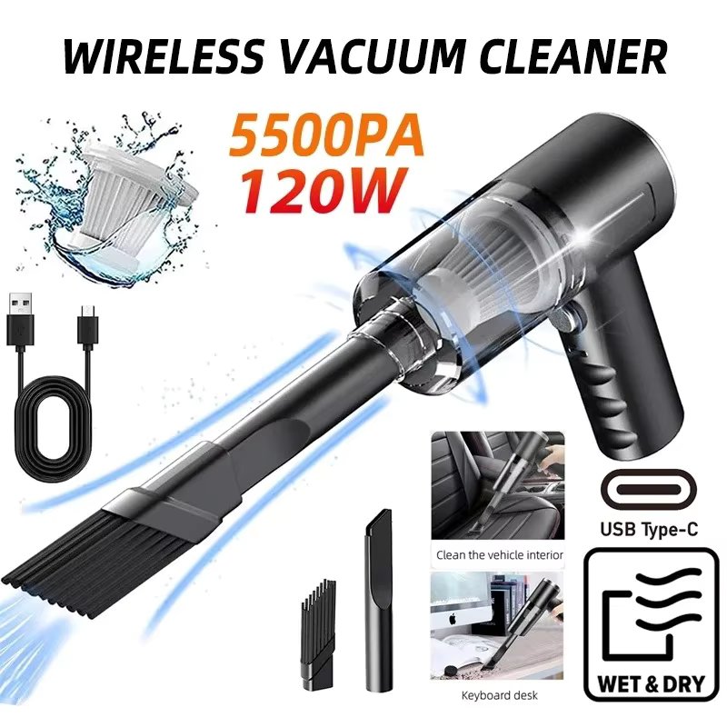 1PC Type-C Portable Wireless Vacuum Cleaner for Charging Household Vehicles 120W High Power Strong Vacuum Cleaner Black
