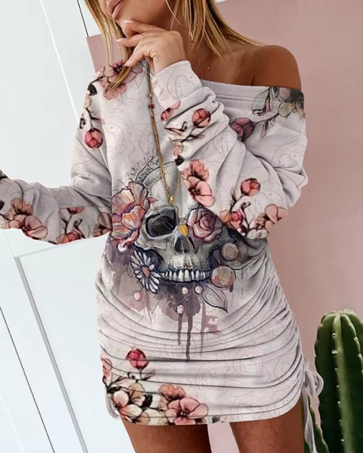 Personalized Printed Dress 2024 New Women's Halloween Skull Flower Printed Drawstring Diagonal Shoulder Long Sleeved Dress