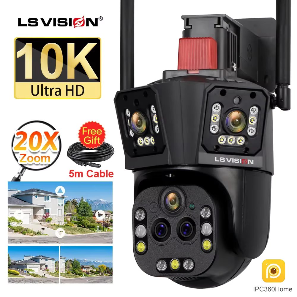 LS VISION 10K 20X Zoom Outdoor WIFI Camera 6K PTZ Five Lens Three Screen Two Way Talk IP66 Waterproof Auto Tracking CCTV Camera