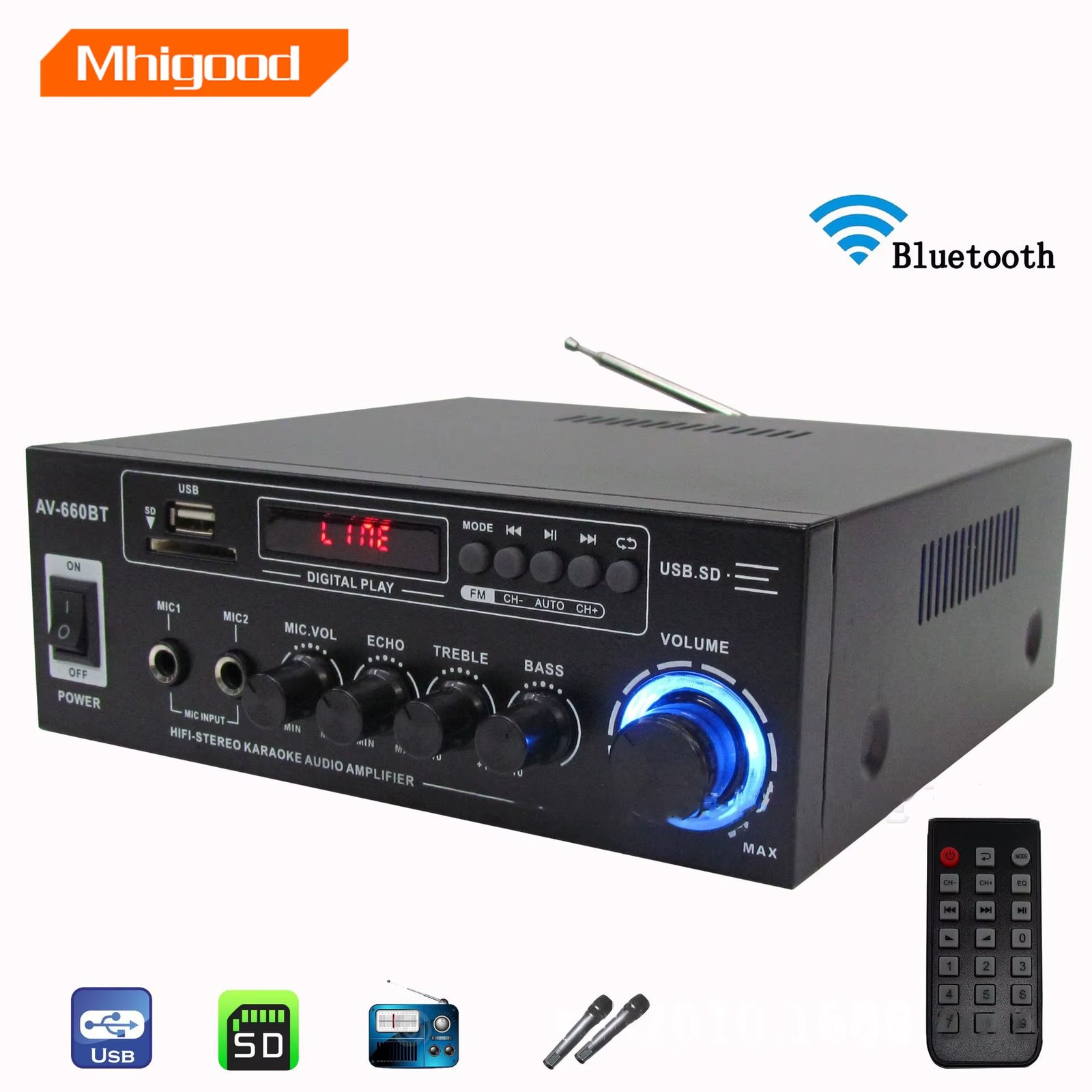 2000W power amplifier 2.0 Channel Audio Home Theater Amplifiers DC 12V 110V/220V Support EQ FM SD USB 2 Mic 5.0 bluetooth