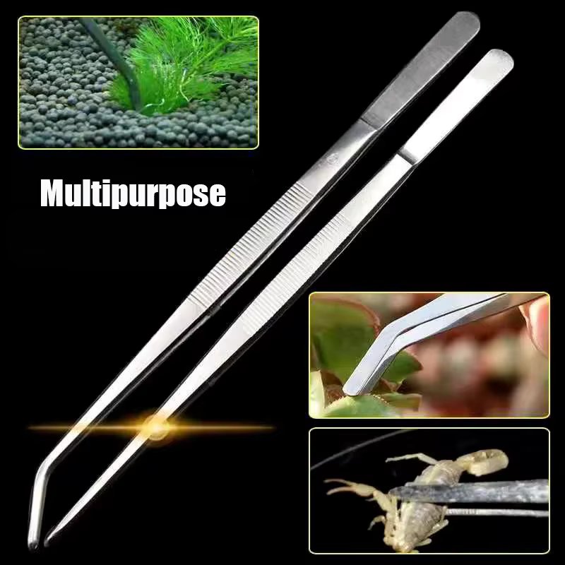 48cm Long Stainless Steel Forceps Curved Straight Lengthened Tweezers Fish Tank Aquatic Plants Tools Birds Reptile Feeding Tongs