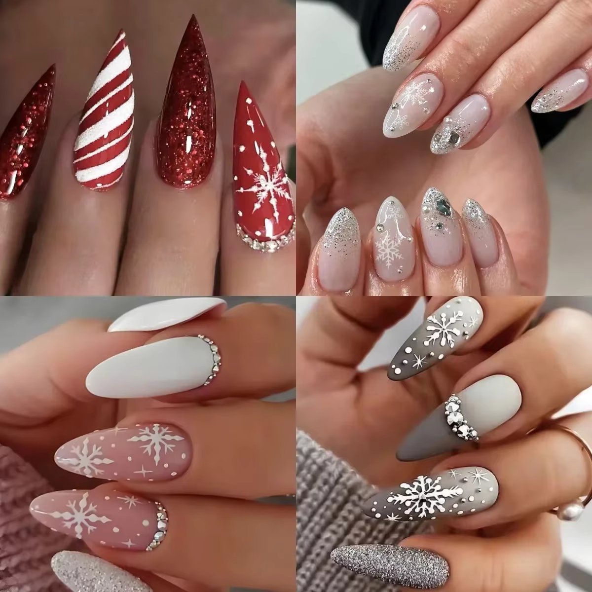 Winter Snowflake Rhinestone Red Glitter Powder Almond Fake Nail Art Christmas Pointed False Nails Charms Stiletto Press on Nails