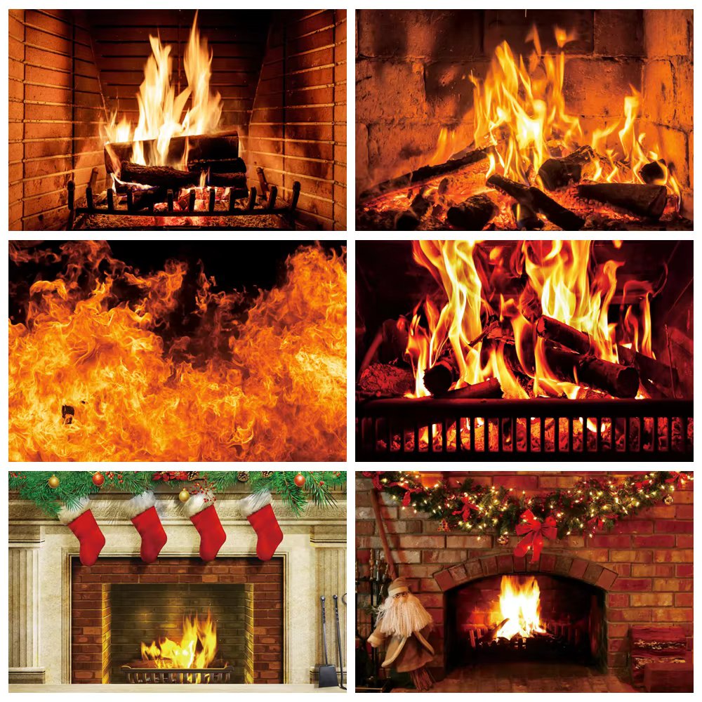 Christmas Fireplace Fire Backdrop for Photography Xms Winter Burning Flame Wood Room Decor Baby Background Photo Studio Props