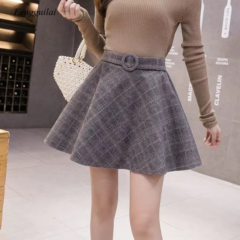 Autumn Skirt Female High Waist Plaid Woolen Womens Winter Preppy Style Pleated Thick Shorts Skirt 2021