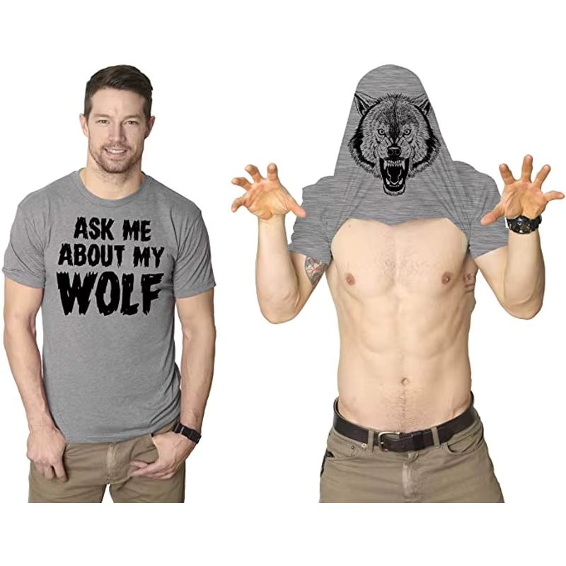 Ask Me about My Wolf Flip T- Shirt Cool Funny Saying Novelty Graphic Tee Tops Men's Fashion Animal Print Outfits Husbands Gifts