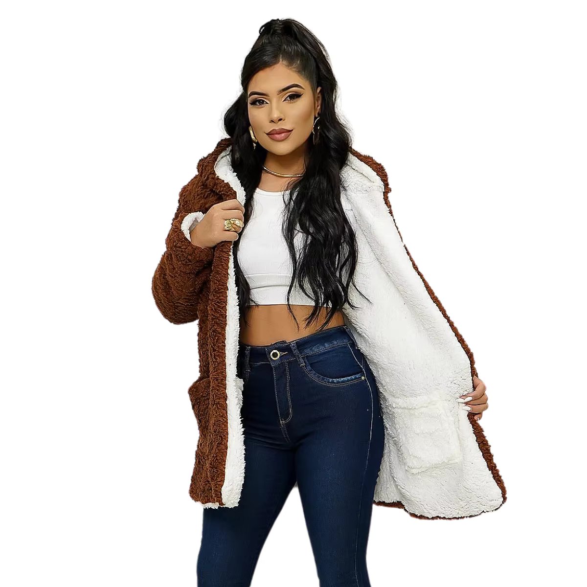 Women's Max Teddy Bear Wool Hairy Hooded Long Sleeve Coat