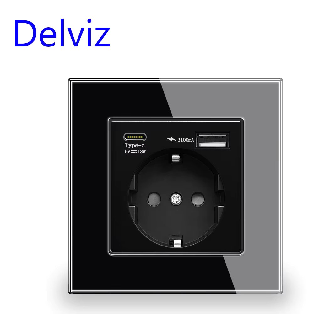 Delviz Crystal glass USB Socket, Type-C USB port, EU standard 1A 1C Smart dual interface, Type-C Quick Charge Wall Power Outlet