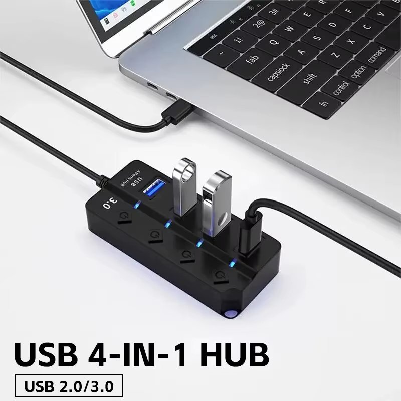 HUB USB3.0 USB Splitter 2.0 4-in-1 USB Adapter Multi-Port Independent Power Switch Extender 30CM Cable