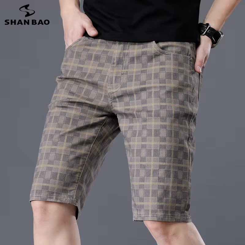 SHAN BAO summer brand men's fitted straight plaid shorts simple fashion cotton elastic youth men's lightweight casual shorts