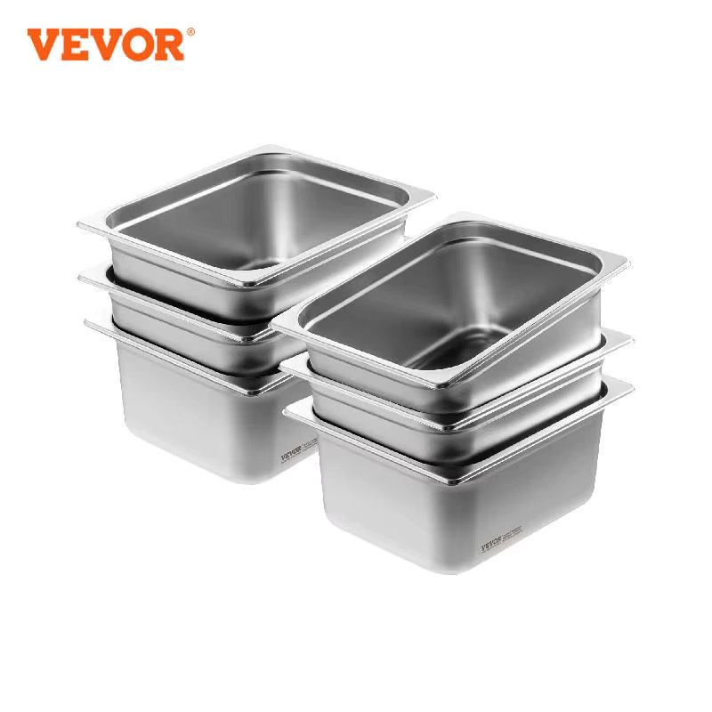 VEVOR 4" 6" Deep Steam Table Pan 1/2 Size Hotel Pans for chafing 201 Stainless Steel Food Container for Party BBQ Baking