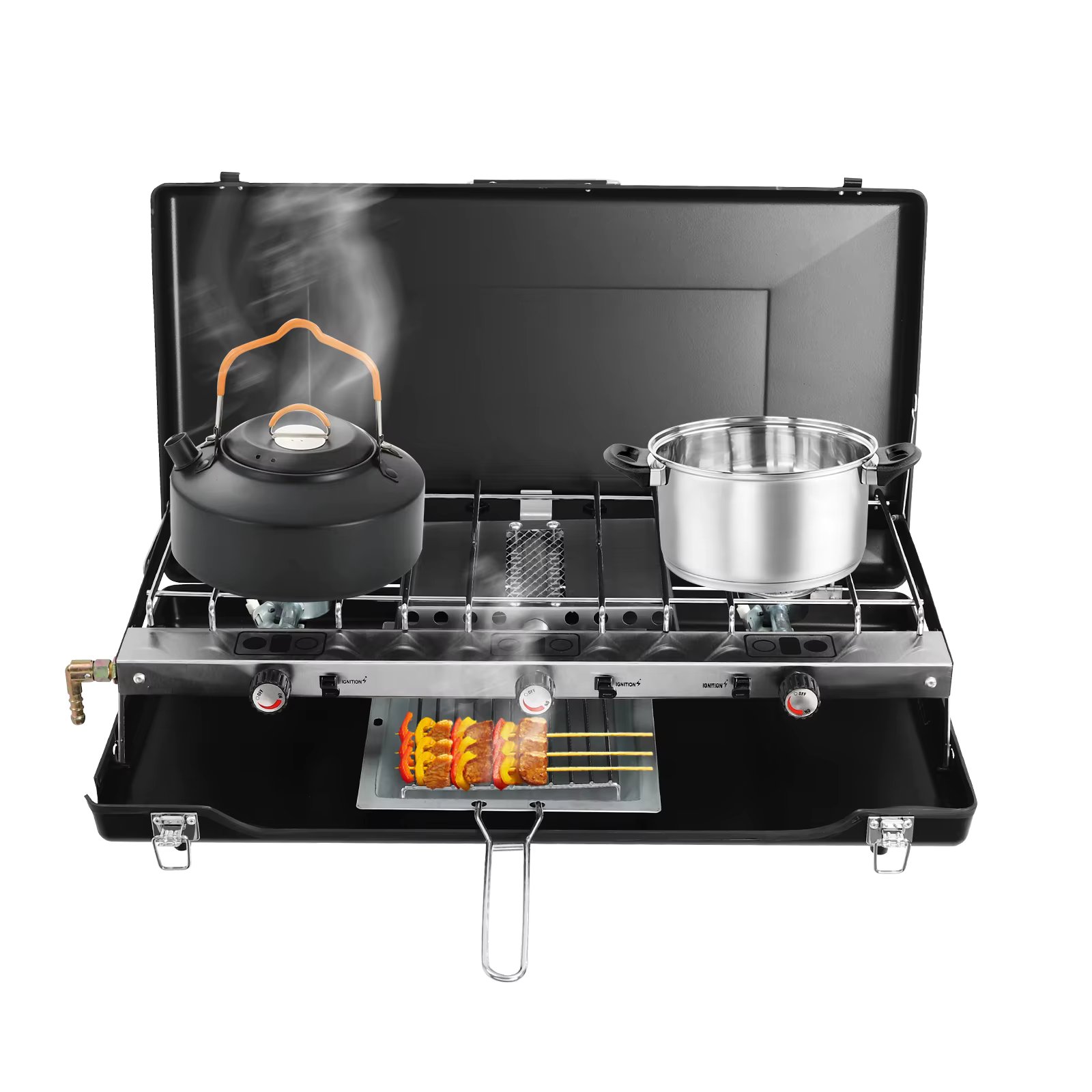 Outdoors Foldable Durable Gas Camping Stove Portable Cooking Cold-rolled Sheet Stove 3-Burner Camping 4.5kw Stove Picnic Camp