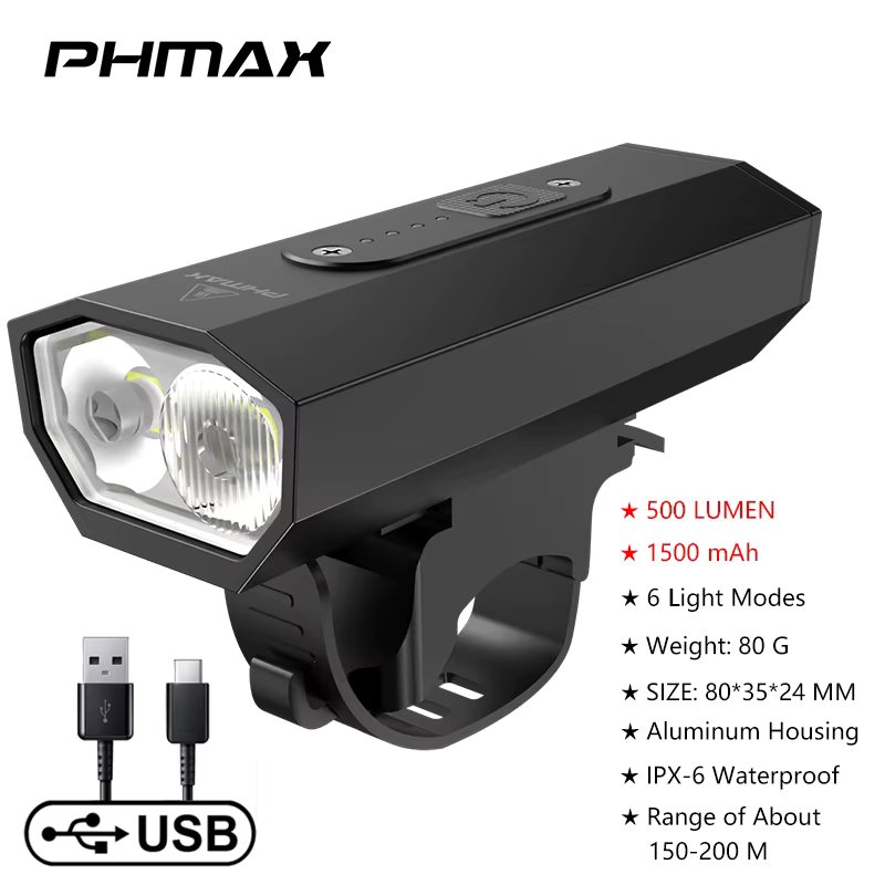 PHMAX Bike Front Lights USB LED Rechargeable Waterproof 6 Modes Mountain Bike Headlight Safety Warning Light Cycling Accessories