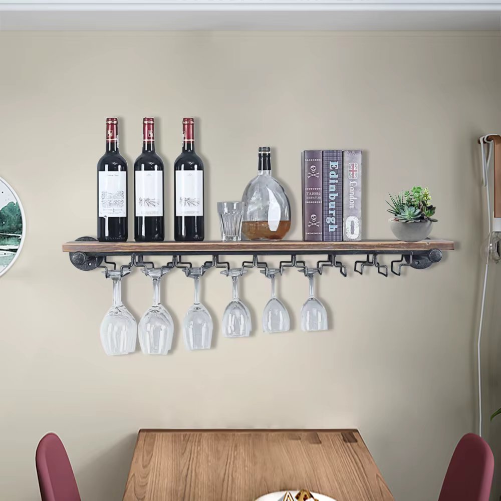 Wine Rack Wall Floating Bar Shelves Wine Shelf Real Wood Shelves Wall Shelf Unit Steam Punk Pipe Shelving Wine Glass Rack