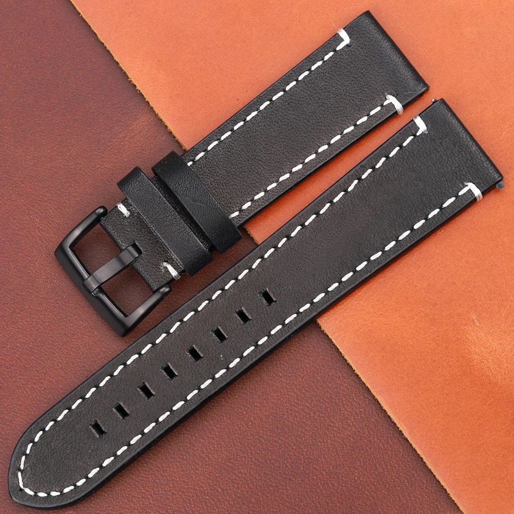 HENGRC Cowhide Strap 18mm 20mm 22mm 24mm Genuine Leather Watchband Manual Men Thick Brown Black Watch Band Belt Buckle
