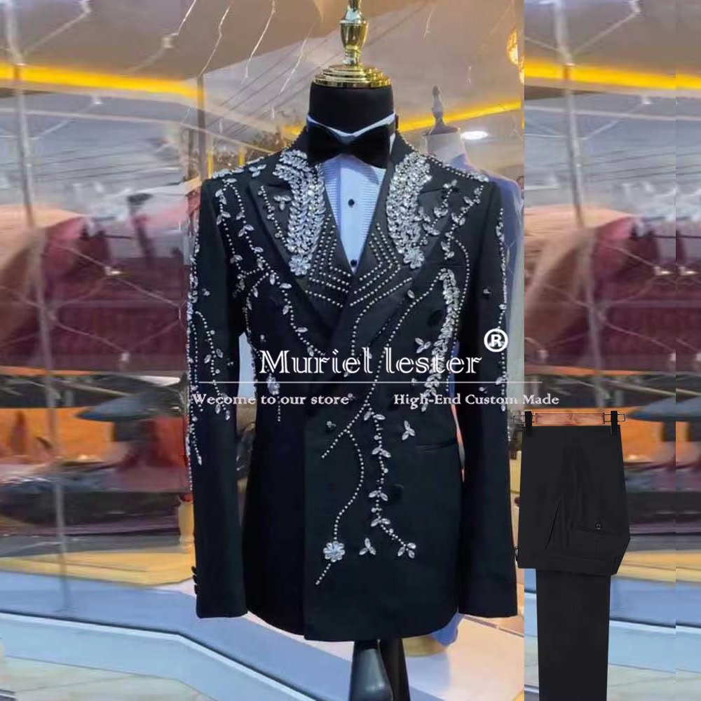 Luxury Beaded Crystals Suits Men Formal Party Designer Double Breasted Prom Blazers Customized 2 Pieces Man Party Wedding Tuxedo